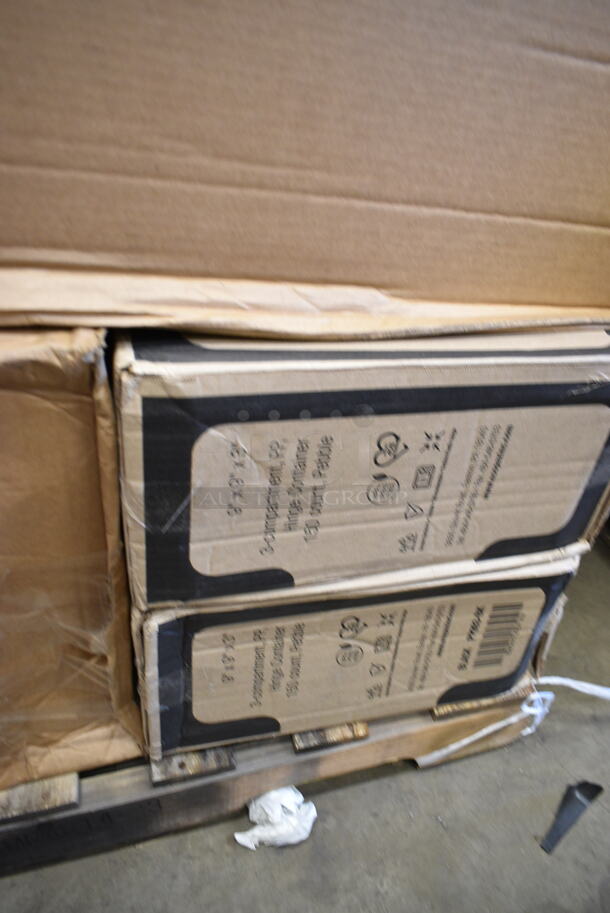 PALLET LOT of 29 BRAND NEW Boxes Including 395RP10 EcoChoice Compostable Sugarcane / Bagasse 10" Plate - 500/Case, 127SB24COMBO Choice 24 oz. Clear Plastic Salad Bowl with Lid - 150/Case, 346WKFSNSPM Choice White Medium Weight Wrapped Plastic Cutlery Pack with Napkin and Salt / Pepper Packets - 500/Case, 395RP06 EcoChoice Compostable Sugarcane / Bagasse 6" Plate - 1000/Case, 20" Corrugated White Circles, 128HD8COMBO ChoiceHD 8 oz. Microwavable Translucent Plastic Deli Container and Lid Combo Pack - 240/Case, 128HD16COMBO ChoiceHD 16 oz. Microwavable Translucent Plastic Deli Container and Lid Combo Pack - 240/Case, 500LDOMENH Choice 9 oz., 12 oz., 16 oz., 20 oz., 24 oz. Clear PET Dome Lid with No Hole - 1000/Case. 29 Times Your Bid! - Image 10 of 12