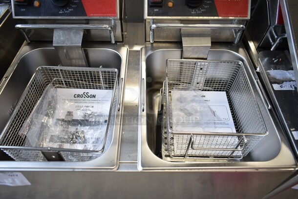 BRAND NEW SCRATCH AND DENT! 2023 Crosson EF-6V-2 Stainless Steel Commercial Countertop Electric Powered 2 Bay Fryer w/ 2 Metal Fry Baskets and 2 Lids. 120 Volts, 1 Phase. - Image 3 of 5