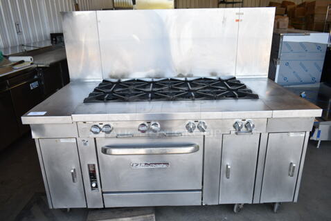 Southbend P48A-BBBB Stainless Steel Commercial Natural Gas Powered 8 Burner Range w/ Convection Oven, Side Counters and Back Splash on Commercial Casters. 