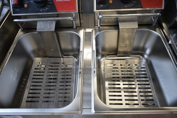 BRAND NEW SCRATCH AND DENT! 2023 Crosson EF-6V-2 Stainless Steel Commercial Countertop Electric Powered 2 Bay Fryer w/ 2 Metal Fry Baskets and 2 Lids. 120 Volts, 1 Phase. - Image 4 of 5