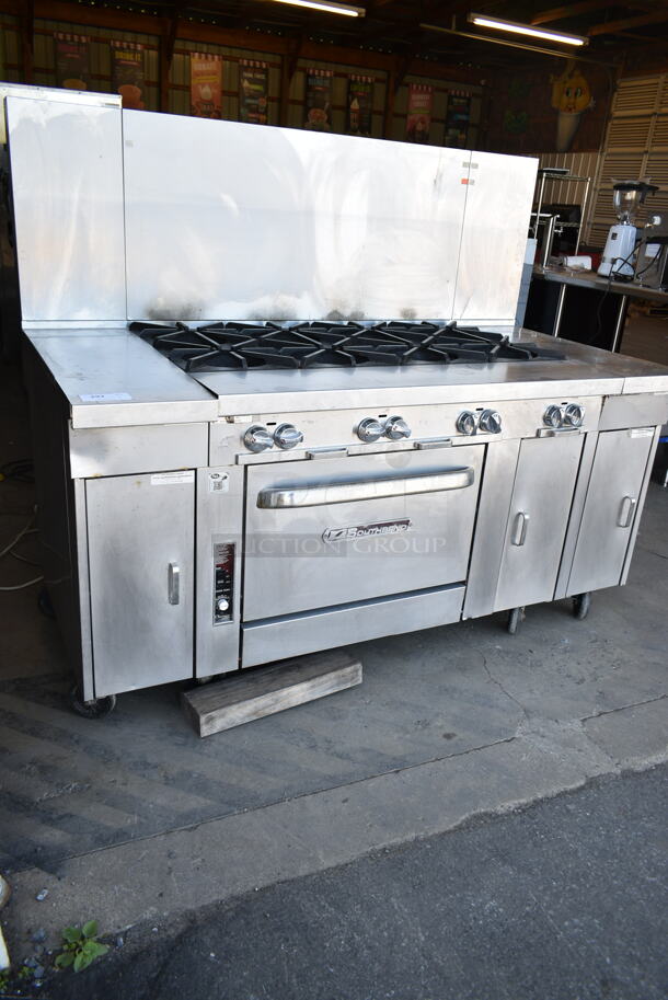 Southbend P48A-BBBB Stainless Steel Commercial Natural Gas Powered 8 Burner Range w/ Convection Oven, Side Counters and Back Splash on Commercial Casters.  - Image 2 of 10
