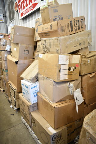 PALLET LOT of 20 BRAND NEW Boxes Including 12" Corrugated White Circles, 176IB100PL Baker's Mark 6.3 Gallon / 100 Cup Allergen-Free Shelf Ingredient Bin with Flip Lid, Label Sheet, and Scoop, SP13150 Secure Personal Care Products, 500L1020B Choice Black Hot Paper Cup Travel Lid for 10-24 oz. Standard Cups and 8 oz. Squat Cups - 1000/Case, 127RD16BULK Choice 16 oz. Customizable Microwavable Translucent Round Deli Container - 500/Case, 2 Box 129MCR24B Choice 24 oz. Black Round Microwavable Heavy Weight Container with Lid 7 1/4" - 150/Case, 127RDTFLBULK Choice Microwavable Translucent Customizable Recessed Fit Deli Lid - 500/Case, 433NHT004 Choice 1/5 Large Size White Heavy-Duty Unprinted Plastic T-Shirt Bag - 500/Case, Scotsman KHOLDER Stainless Steel Scoop Holder, 2 Box Dart 85HTB3R 8" x 8" x 3" Black Foam Three-Compartment Square Take Out Container with Perforated Hinged Lid - 200/Case. 20 Times Your Bid!