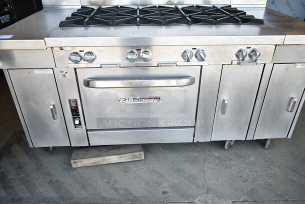 Southbend P48A-BBBB Stainless Steel Commercial Natural Gas Powered 8 Burner Range w/ Convection Oven, Side Counters and Back Splash on Commercial Casters.  - Image 4 of 10