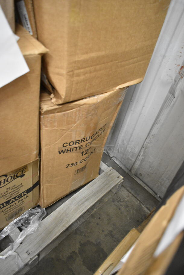 PALLET LOT of 20 BRAND NEW Boxes Including 12" Corrugated White Circles, 176IB100PL Baker's Mark 6.3 Gallon / 100 Cup Allergen-Free Shelf Ingredient Bin with Flip Lid, Label Sheet, and Scoop, SP13150 Secure Personal Care Products, 500L1020B Choice Black Hot Paper Cup Travel Lid for 10-24 oz. Standard Cups and 8 oz. Squat Cups - 1000/Case, 127RD16BULK Choice 16 oz. Customizable Microwavable Translucent Round Deli Container - 500/Case, 2 Box 129MCR24B Choice 24 oz. Black Round Microwavable Heavy Weight Container with Lid 7 1/4" - 150/Case, 127RDTFLBULK Choice Microwavable Translucent Customizable Recessed Fit Deli Lid - 500/Case, 433NHT004 Choice 1/5 Large Size White Heavy-Duty Unprinted Plastic T-Shirt Bag - 500/Case, Scotsman KHOLDER Stainless Steel Scoop Holder, 2 Box Dart 85HTB3R 8" x 8" x 3" Black Foam Three-Compartment Square Take Out Container with Perforated Hinged Lid - 200/Case. 20 Times Your Bid! - Image 2 of 11
