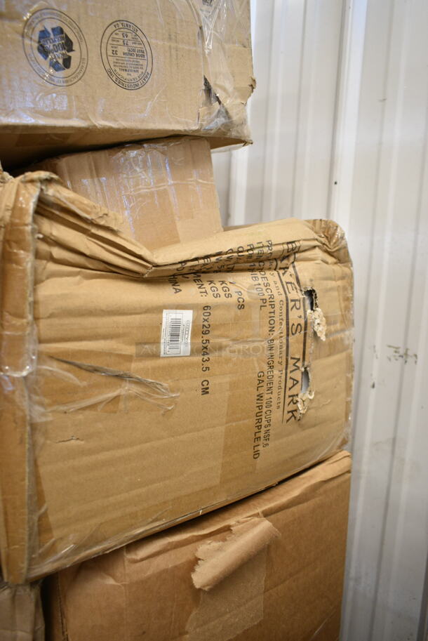 PALLET LOT of 20 BRAND NEW Boxes Including 12" Corrugated White Circles, 176IB100PL Baker's Mark 6.3 Gallon / 100 Cup Allergen-Free Shelf Ingredient Bin with Flip Lid, Label Sheet, and Scoop, SP13150 Secure Personal Care Products, 500L1020B Choice Black Hot Paper Cup Travel Lid for 10-24 oz. Standard Cups and 8 oz. Squat Cups - 1000/Case, 127RD16BULK Choice 16 oz. Customizable Microwavable Translucent Round Deli Container - 500/Case, 2 Box 129MCR24B Choice 24 oz. Black Round Microwavable Heavy Weight Container with Lid 7 1/4" - 150/Case, 127RDTFLBULK Choice Microwavable Translucent Customizable Recessed Fit Deli Lid - 500/Case, 433NHT004 Choice 1/5 Large Size White Heavy-Duty Unprinted Plastic T-Shirt Bag - 500/Case, Scotsman KHOLDER Stainless Steel Scoop Holder, 2 Box Dart 85HTB3R 8" x 8" x 3" Black Foam Three-Compartment Square Take Out Container with Perforated Hinged Lid - 200/Case. 20 Times Your Bid! - Image 3 of 11