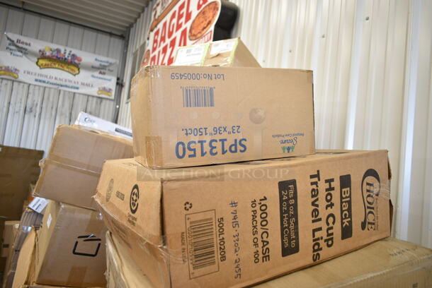 PALLET LOT of 20 BRAND NEW Boxes Including 12" Corrugated White Circles, 176IB100PL Baker's Mark 6.3 Gallon / 100 Cup Allergen-Free Shelf Ingredient Bin with Flip Lid, Label Sheet, and Scoop, SP13150 Secure Personal Care Products, 500L1020B Choice Black Hot Paper Cup Travel Lid for 10-24 oz. Standard Cups and 8 oz. Squat Cups - 1000/Case, 127RD16BULK Choice 16 oz. Customizable Microwavable Translucent Round Deli Container - 500/Case, 2 Box 129MCR24B Choice 24 oz. Black Round Microwavable Heavy Weight Container with Lid 7 1/4" - 150/Case, 127RDTFLBULK Choice Microwavable Translucent Customizable Recessed Fit Deli Lid - 500/Case, 433NHT004 Choice 1/5 Large Size White Heavy-Duty Unprinted Plastic T-Shirt Bag - 500/Case, Scotsman KHOLDER Stainless Steel Scoop Holder, 2 Box Dart 85HTB3R 8" x 8" x 3" Black Foam Three-Compartment Square Take Out Container with Perforated Hinged Lid - 200/Case. 20 Times Your Bid! - Image 4 of 11
