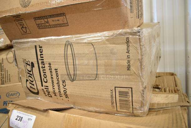 PALLET LOT of 20 BRAND NEW Boxes Including 12" Corrugated White Circles, 176IB100PL Baker's Mark 6.3 Gallon / 100 Cup Allergen-Free Shelf Ingredient Bin with Flip Lid, Label Sheet, and Scoop, SP13150 Secure Personal Care Products, 500L1020B Choice Black Hot Paper Cup Travel Lid for 10-24 oz. Standard Cups and 8 oz. Squat Cups - 1000/Case, 127RD16BULK Choice 16 oz. Customizable Microwavable Translucent Round Deli Container - 500/Case, 2 Box 129MCR24B Choice 24 oz. Black Round Microwavable Heavy Weight Container with Lid 7 1/4" - 150/Case, 127RDTFLBULK Choice Microwavable Translucent Customizable Recessed Fit Deli Lid - 500/Case, 433NHT004 Choice 1/5 Large Size White Heavy-Duty Unprinted Plastic T-Shirt Bag - 500/Case, Scotsman KHOLDER Stainless Steel Scoop Holder, 2 Box Dart 85HTB3R 8" x 8" x 3" Black Foam Three-Compartment Square Take Out Container with Perforated Hinged Lid - 200/Case. 20 Times Your Bid! - Image 5 of 11