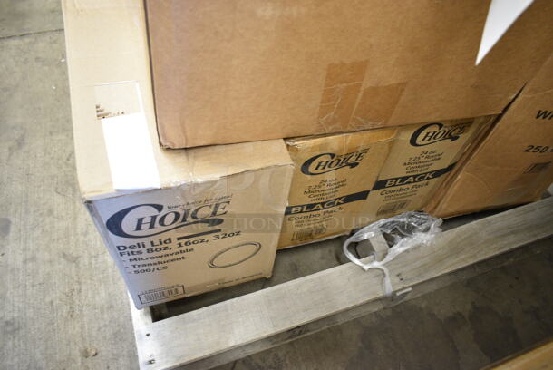 PALLET LOT of 20 BRAND NEW Boxes Including 12" Corrugated White Circles, 176IB100PL Baker's Mark 6.3 Gallon / 100 Cup Allergen-Free Shelf Ingredient Bin with Flip Lid, Label Sheet, and Scoop, SP13150 Secure Personal Care Products, 500L1020B Choice Black Hot Paper Cup Travel Lid for 10-24 oz. Standard Cups and 8 oz. Squat Cups - 1000/Case, 127RD16BULK Choice 16 oz. Customizable Microwavable Translucent Round Deli Container - 500/Case, 2 Box 129MCR24B Choice 24 oz. Black Round Microwavable Heavy Weight Container with Lid 7 1/4" - 150/Case, 127RDTFLBULK Choice Microwavable Translucent Customizable Recessed Fit Deli Lid - 500/Case, 433NHT004 Choice 1/5 Large Size White Heavy-Duty Unprinted Plastic T-Shirt Bag - 500/Case, Scotsman KHOLDER Stainless Steel Scoop Holder, 2 Box Dart 85HTB3R 8" x 8" x 3" Black Foam Three-Compartment Square Take Out Container with Perforated Hinged Lid - 200/Case. 20 Times Your Bid! - Image 7 of 11