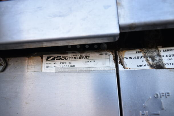 Southbend P48A-BBBB Stainless Steel Commercial Natural Gas Powered 8 Burner Range w/ Convection Oven, Side Counters and Back Splash on Commercial Casters.  - Image 10 of 10
