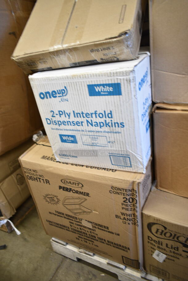 PALLET LOT of 20 BRAND NEW Boxes Including 12" Corrugated White Circles, 176IB100PL Baker's Mark 6.3 Gallon / 100 Cup Allergen-Free Shelf Ingredient Bin with Flip Lid, Label Sheet, and Scoop, SP13150 Secure Personal Care Products, 500L1020B Choice Black Hot Paper Cup Travel Lid for 10-24 oz. Standard Cups and 8 oz. Squat Cups - 1000/Case, 127RD16BULK Choice 16 oz. Customizable Microwavable Translucent Round Deli Container - 500/Case, 2 Box 129MCR24B Choice 24 oz. Black Round Microwavable Heavy Weight Container with Lid 7 1/4" - 150/Case, 127RDTFLBULK Choice Microwavable Translucent Customizable Recessed Fit Deli Lid - 500/Case, 433NHT004 Choice 1/5 Large Size White Heavy-Duty Unprinted Plastic T-Shirt Bag - 500/Case, Scotsman KHOLDER Stainless Steel Scoop Holder, 2 Box Dart 85HTB3R 8" x 8" x 3" Black Foam Three-Compartment Square Take Out Container with Perforated Hinged Lid - 200/Case. 20 Times Your Bid! - Image 8 of 11