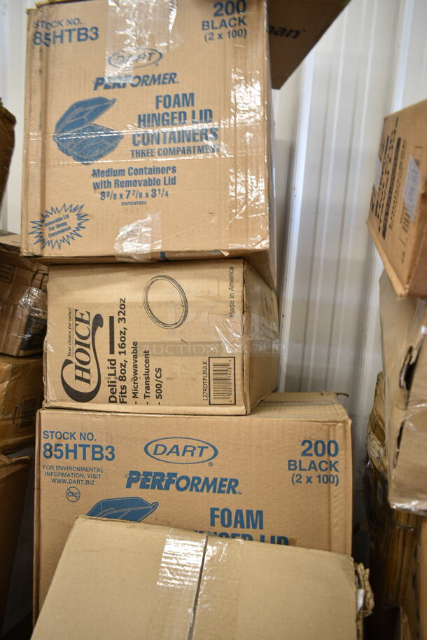 PALLET LOT of 20 BRAND NEW Boxes Including 12" Corrugated White Circles, 176IB100PL Baker's Mark 6.3 Gallon / 100 Cup Allergen-Free Shelf Ingredient Bin with Flip Lid, Label Sheet, and Scoop, SP13150 Secure Personal Care Products, 500L1020B Choice Black Hot Paper Cup Travel Lid for 10-24 oz. Standard Cups and 8 oz. Squat Cups - 1000/Case, 127RD16BULK Choice 16 oz. Customizable Microwavable Translucent Round Deli Container - 500/Case, 2 Box 129MCR24B Choice 24 oz. Black Round Microwavable Heavy Weight Container with Lid 7 1/4" - 150/Case, 127RDTFLBULK Choice Microwavable Translucent Customizable Recessed Fit Deli Lid - 500/Case, 433NHT004 Choice 1/5 Large Size White Heavy-Duty Unprinted Plastic T-Shirt Bag - 500/Case, Scotsman KHOLDER Stainless Steel Scoop Holder, 2 Box Dart 85HTB3R 8" x 8" x 3" Black Foam Three-Compartment Square Take Out Container with Perforated Hinged Lid - 200/Case. 20 Times Your Bid! - Image 11 of 11