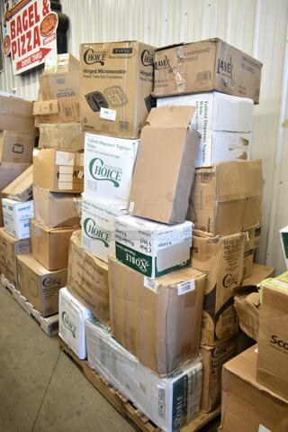 PALLET LOT of 32 BRAND NEW Boxes Including 129MCS28B Choice 28 oz. Black Rectangular Microwavable Heavy Weight Container with Lid 8 3/4" x 6 1/4" x 1 3/4" - 150/Case, 500CC32P Choice Clear PET Plastic Cold Cup - 32 oz. - 500/Case, 2 Box 966TALLFLDB Choice White Tall-Fold 6" x 13" Dispenser Napkin - 8000/Case, 394365XL Noble Products Powder-Free Disposable Clear Vinyl Gloves for Foodservice - Extra Large - 1000/Case, 500TO883C3 Choice 8" x 8" x 3" Microwaveable 3-Compartment Black / Clear Plastic Hinged Container - 100/Case, 176CHAFSTDCH Choice Chrome Wire Chafer Stand for Full Size Disposable Pans, Choice Prep CHEESECMB 3/4" and 3/8" Cheese Slicer, 130BKFSNH Visions Heavy Weight Black Wrapped Plastic Cutlery Pack with Napkin. 32 Times Your Bid!