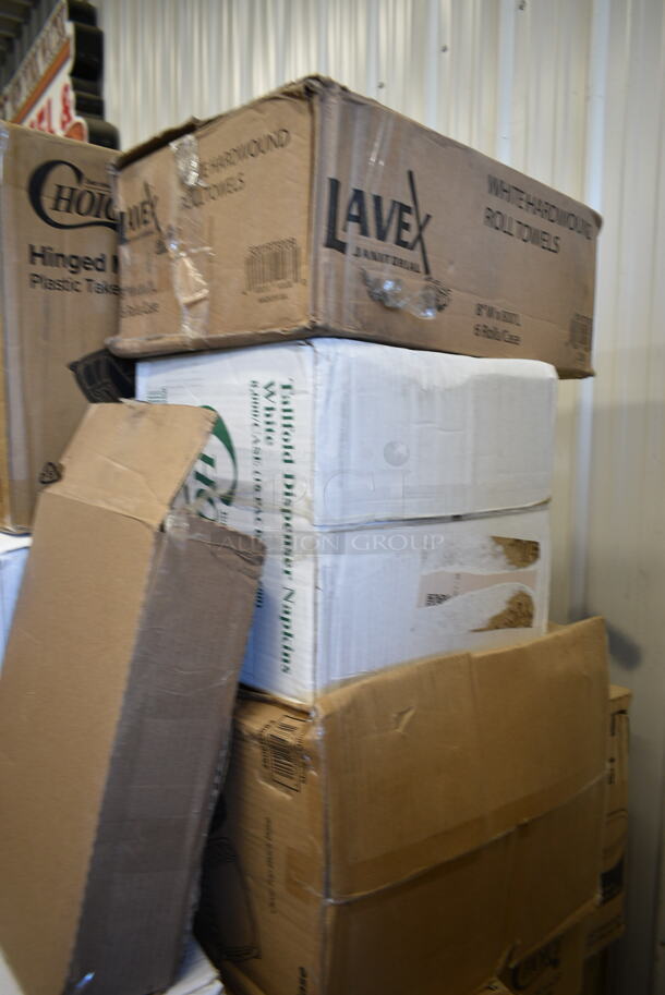 PALLET LOT of 32 BRAND NEW Boxes Including 129MCS28B Choice 28 oz. Black Rectangular Microwavable Heavy Weight Container with Lid 8 3/4" x 6 1/4" x 1 3/4" - 150/Case, 500CC32P Choice Clear PET Plastic Cold Cup - 32 oz. - 500/Case, 2 Box 966TALLFLDB Choice White Tall-Fold 6" x 13" Dispenser Napkin - 8000/Case, 394365XL Noble Products Powder-Free Disposable Clear Vinyl Gloves for Foodservice - Extra Large - 1000/Case, 500TO883C3 Choice 8" x 8" x 3" Microwaveable 3-Compartment Black / Clear Plastic Hinged Container - 100/Case, 176CHAFSTDCH Choice Chrome Wire Chafer Stand for Full Size Disposable Pans, Choice Prep CHEESECMB 3/4" and 3/8" Cheese Slicer, 130BKFSNH Visions Heavy Weight Black Wrapped Plastic Cutlery Pack with Napkin. 32 Times Your Bid! - Image 2 of 12
