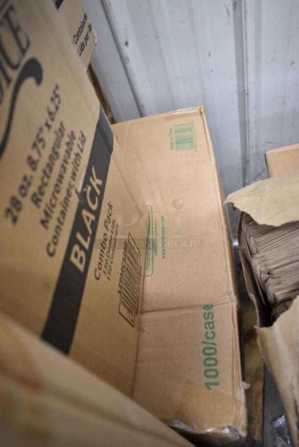 PALLET LOT of 32 BRAND NEW Boxes Including 129MCS28B Choice 28 oz. Black Rectangular Microwavable Heavy Weight Container with Lid 8 3/4" x 6 1/4" x 1 3/4" - 150/Case, 500CC32P Choice Clear PET Plastic Cold Cup - 32 oz. - 500/Case, 2 Box 966TALLFLDB Choice White Tall-Fold 6" x 13" Dispenser Napkin - 8000/Case, 394365XL Noble Products Powder-Free Disposable Clear Vinyl Gloves for Foodservice - Extra Large - 1000/Case, 500TO883C3 Choice 8" x 8" x 3" Microwaveable 3-Compartment Black / Clear Plastic Hinged Container - 100/Case, 176CHAFSTDCH Choice Chrome Wire Chafer Stand for Full Size Disposable Pans, Choice Prep CHEESECMB 3/4" and 3/8" Cheese Slicer, 130BKFSNH Visions Heavy Weight Black Wrapped Plastic Cutlery Pack with Napkin. 32 Times Your Bid! - Image 3 of 12