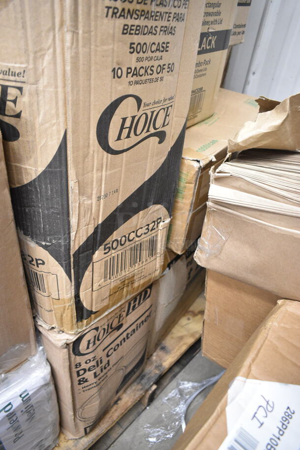 PALLET LOT of 32 BRAND NEW Boxes Including 129MCS28B Choice 28 oz. Black Rectangular Microwavable Heavy Weight Container with Lid 8 3/4" x 6 1/4" x 1 3/4" - 150/Case, 500CC32P Choice Clear PET Plastic Cold Cup - 32 oz. - 500/Case, 2 Box 966TALLFLDB Choice White Tall-Fold 6" x 13" Dispenser Napkin - 8000/Case, 394365XL Noble Products Powder-Free Disposable Clear Vinyl Gloves for Foodservice - Extra Large - 1000/Case, 500TO883C3 Choice 8" x 8" x 3" Microwaveable 3-Compartment Black / Clear Plastic Hinged Container - 100/Case, 176CHAFSTDCH Choice Chrome Wire Chafer Stand for Full Size Disposable Pans, Choice Prep CHEESECMB 3/4" and 3/8" Cheese Slicer, 130BKFSNH Visions Heavy Weight Black Wrapped Plastic Cutlery Pack with Napkin. 32 Times Your Bid! - Image 4 of 12