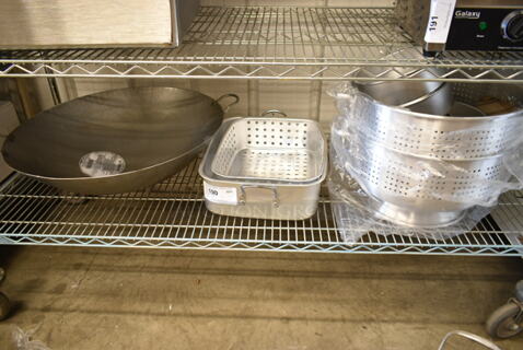 BRAND NEW SCRATCH AND DENT! Lot of 9 Various Items Including Town 34724 24" Hand Hammered Cantonese Wok, 554BP18FP1BASK Backyard Pro 18 Qt. Aluminum Fry Pot with 1 Fry Basket for Select Outdoor Ranges, Two 40716QTALMHB Choice 16 Qt. Aluminum Colander with Base and Handles, Baking Pans.