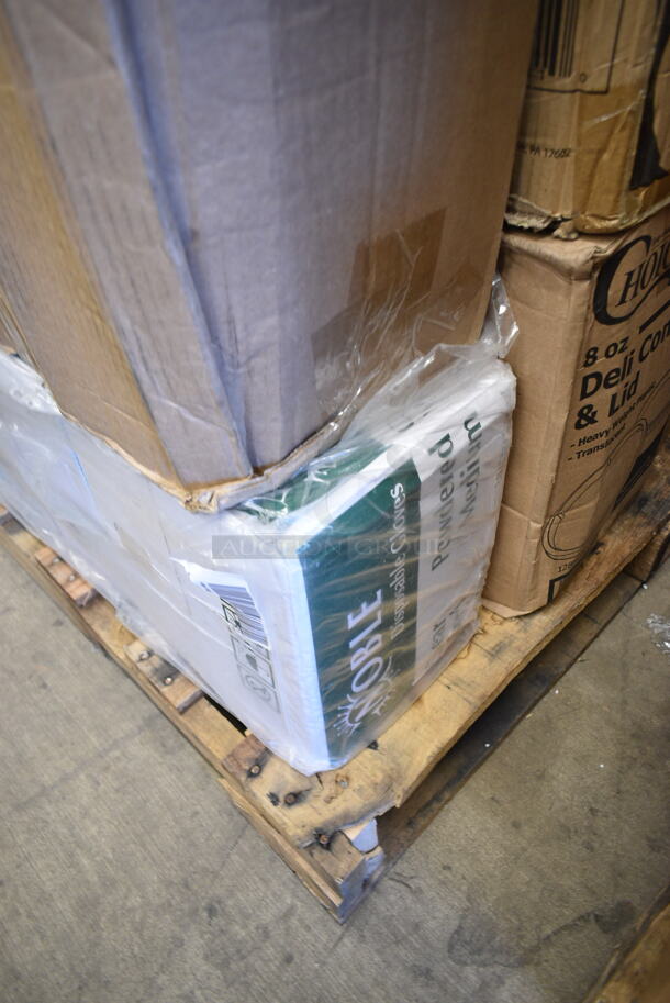 PALLET LOT of 32 BRAND NEW Boxes Including 129MCS28B Choice 28 oz. Black Rectangular Microwavable Heavy Weight Container with Lid 8 3/4" x 6 1/4" x 1 3/4" - 150/Case, 500CC32P Choice Clear PET Plastic Cold Cup - 32 oz. - 500/Case, 2 Box 966TALLFLDB Choice White Tall-Fold 6" x 13" Dispenser Napkin - 8000/Case, 394365XL Noble Products Powder-Free Disposable Clear Vinyl Gloves for Foodservice - Extra Large - 1000/Case, 500TO883C3 Choice 8" x 8" x 3" Microwaveable 3-Compartment Black / Clear Plastic Hinged Container - 100/Case, 176CHAFSTDCH Choice Chrome Wire Chafer Stand for Full Size Disposable Pans, Choice Prep CHEESECMB 3/4" and 3/8" Cheese Slicer, 130BKFSNH Visions Heavy Weight Black Wrapped Plastic Cutlery Pack with Napkin. 32 Times Your Bid! - Image 5 of 12