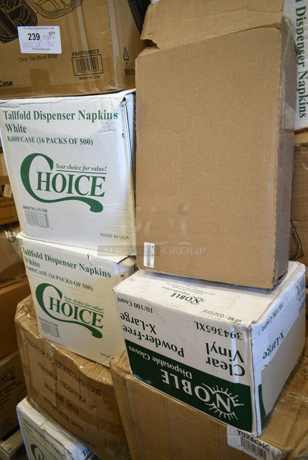 PALLET LOT of 32 BRAND NEW Boxes Including 129MCS28B Choice 28 oz. Black Rectangular Microwavable Heavy Weight Container with Lid 8 3/4" x 6 1/4" x 1 3/4" - 150/Case, 500CC32P Choice Clear PET Plastic Cold Cup - 32 oz. - 500/Case, 2 Box 966TALLFLDB Choice White Tall-Fold 6" x 13" Dispenser Napkin - 8000/Case, 394365XL Noble Products Powder-Free Disposable Clear Vinyl Gloves for Foodservice - Extra Large - 1000/Case, 500TO883C3 Choice 8" x 8" x 3" Microwaveable 3-Compartment Black / Clear Plastic Hinged Container - 100/Case, 176CHAFSTDCH Choice Chrome Wire Chafer Stand for Full Size Disposable Pans, Choice Prep CHEESECMB 3/4" and 3/8" Cheese Slicer, 130BKFSNH Visions Heavy Weight Black Wrapped Plastic Cutlery Pack with Napkin. 32 Times Your Bid! - Image 6 of 12