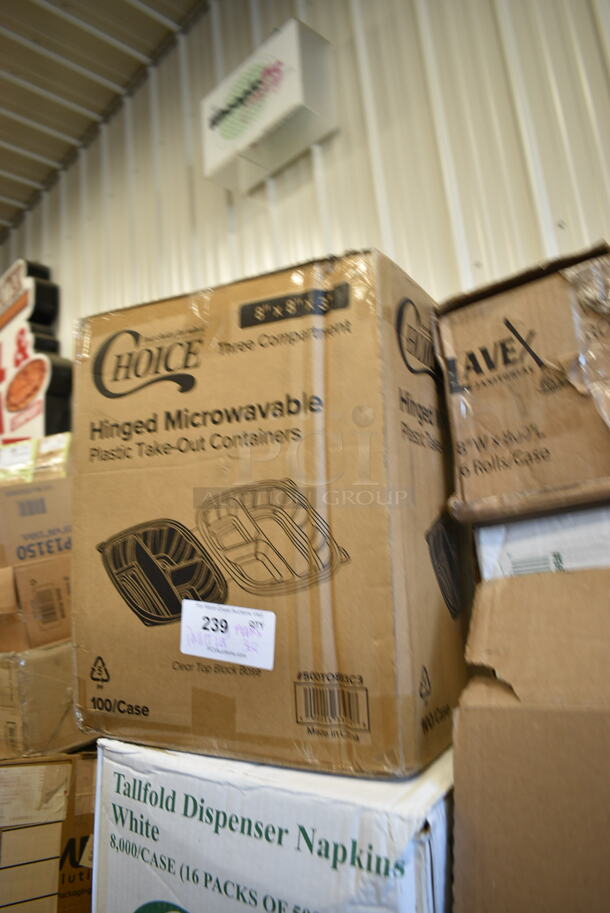 PALLET LOT of 32 BRAND NEW Boxes Including 129MCS28B Choice 28 oz. Black Rectangular Microwavable Heavy Weight Container with Lid 8 3/4" x 6 1/4" x 1 3/4" - 150/Case, 500CC32P Choice Clear PET Plastic Cold Cup - 32 oz. - 500/Case, 2 Box 966TALLFLDB Choice White Tall-Fold 6" x 13" Dispenser Napkin - 8000/Case, 394365XL Noble Products Powder-Free Disposable Clear Vinyl Gloves for Foodservice - Extra Large - 1000/Case, 500TO883C3 Choice 8" x 8" x 3" Microwaveable 3-Compartment Black / Clear Plastic Hinged Container - 100/Case, 176CHAFSTDCH Choice Chrome Wire Chafer Stand for Full Size Disposable Pans, Choice Prep CHEESECMB 3/4" and 3/8" Cheese Slicer, 130BKFSNH Visions Heavy Weight Black Wrapped Plastic Cutlery Pack with Napkin. 32 Times Your Bid! - Image 7 of 12
