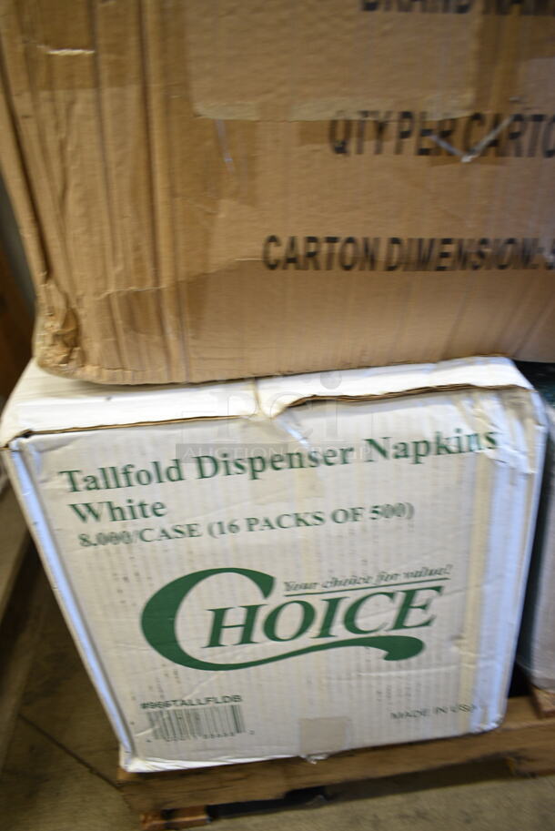 PALLET LOT of 32 BRAND NEW Boxes Including 129MCS28B Choice 28 oz. Black Rectangular Microwavable Heavy Weight Container with Lid 8 3/4" x 6 1/4" x 1 3/4" - 150/Case, 500CC32P Choice Clear PET Plastic Cold Cup - 32 oz. - 500/Case, 2 Box 966TALLFLDB Choice White Tall-Fold 6" x 13" Dispenser Napkin - 8000/Case, 394365XL Noble Products Powder-Free Disposable Clear Vinyl Gloves for Foodservice - Extra Large - 1000/Case, 500TO883C3 Choice 8" x 8" x 3" Microwaveable 3-Compartment Black / Clear Plastic Hinged Container - 100/Case, 176CHAFSTDCH Choice Chrome Wire Chafer Stand for Full Size Disposable Pans, Choice Prep CHEESECMB 3/4" and 3/8" Cheese Slicer, 130BKFSNH Visions Heavy Weight Black Wrapped Plastic Cutlery Pack with Napkin. 32 Times Your Bid! - Image 10 of 12