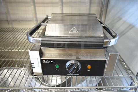 2018 Galaxy P68 Stainless STeel Single Panini Sandwich Grill with Grooved Plates - 8 1/2" x 8 1/2" Cooking Surface. 120 Volts, 1 Phase. Cannot Test Due To Missing Power Cord