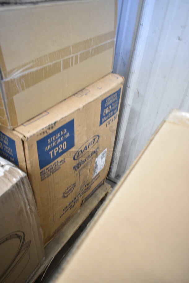 PALLET LOT of 32 BRAND NEW Boxes Including Solo Ultra Clear™ TP20 20 oz. Customizable Clear PET Plastic Cold Cup - 600/Case, 2 Box 5013858HVY Lavex Hercules 55 Gallon 2 Mil 38" x 58" Low Density Heavy-Duty Black Can Liner / Trash Bag - 50/Case, 612P509S Choice 9" Clear Round Plastic Dome Lid - 500/Case, 2 Box 760PCC03W Choice 3 oz. White Poly Paper Cold Cup - 5000/Case, 176BWSSHNR20 Choice 20 oz. SAN Plastic Schooner - 12/Case, 651CPDINCBK KleanTake by ServSense In-Counter 8 - 44 oz. Cup Dispenser with 5 Gasket Sizes - 23 1/8" Long, 500CC12 Choice 12 oz. Clear PET Plastic Cold Cup with Dome Lid with No Hole, 346WKFSNSPM White Medium Weight Wrapped Plastic Cutlery Pack, Creative Converting 50134B 10" Black Velvet Paper Plate - 240/Case, 303BLK575 Acopa Izumi 5 3/4" Matte Black Melamine Asian Soup Spoon - 24/Pack, Scotsman KHOLDER Stainless Steel Scoop Holder, Pre Rolled Cutlery Sets, 394365M Noble Products Powder-Free Disposable Clear Vinyl Gloves for Foodservice - Medium - 1000/Case, 966UPWIDEKFT-500 OneUp by Choice Kraft 2-Ply Wide Interfold 6 1/2" x 8 1/2" Dispenser Napkin - 6000/Case. 32 Times Your Bid! - Image 2 of 12