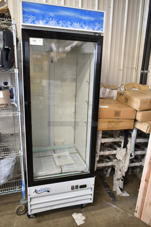 BRAND NEW SCRATCH AND DENT! 2023 Avantco 178GDC23HCW Metal Commercial Single Door Reach In Cooler Merchandiser w/ Poly Coated Racks on Commercial Casters. 115 Volts, 1 Phase. Tested and Working! - Image 2 of 6