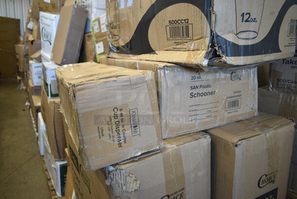 PALLET LOT of 32 BRAND NEW Boxes Including Solo Ultra Clear™ TP20 20 oz. Customizable Clear PET Plastic Cold Cup - 600/Case, 2 Box 5013858HVY Lavex Hercules 55 Gallon 2 Mil 38" x 58" Low Density Heavy-Duty Black Can Liner / Trash Bag - 50/Case, 612P509S Choice 9" Clear Round Plastic Dome Lid - 500/Case, 2 Box 760PCC03W Choice 3 oz. White Poly Paper Cold Cup - 5000/Case, 176BWSSHNR20 Choice 20 oz. SAN Plastic Schooner - 12/Case, 651CPDINCBK KleanTake by ServSense In-Counter 8 - 44 oz. Cup Dispenser with 5 Gasket Sizes - 23 1/8" Long, 500CC12 Choice 12 oz. Clear PET Plastic Cold Cup with Dome Lid with No Hole, 346WKFSNSPM White Medium Weight Wrapped Plastic Cutlery Pack, Creative Converting 50134B 10" Black Velvet Paper Plate - 240/Case, 303BLK575 Acopa Izumi 5 3/4" Matte Black Melamine Asian Soup Spoon - 24/Pack, Scotsman KHOLDER Stainless Steel Scoop Holder, Pre Rolled Cutlery Sets, 394365M Noble Products Powder-Free Disposable Clear Vinyl Gloves for Foodservice - Medium - 1000/Case, 966UPWIDEKFT-500 OneUp by Choice Kraft 2-Ply Wide Interfold 6 1/2" x 8 1/2" Dispenser Napkin - 6000/Case. 32 Times Your Bid! - Image 7 of 12