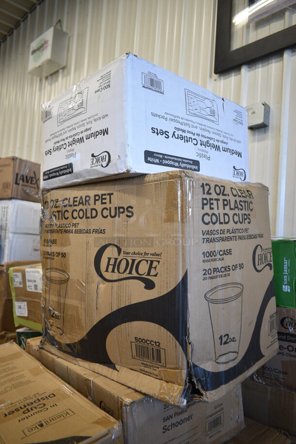 PALLET LOT of 32 BRAND NEW Boxes Including Solo Ultra Clear™ TP20 20 oz. Customizable Clear PET Plastic Cold Cup - 600/Case, 2 Box 5013858HVY Lavex Hercules 55 Gallon 2 Mil 38" x 58" Low Density Heavy-Duty Black Can Liner / Trash Bag - 50/Case, 612P509S Choice 9" Clear Round Plastic Dome Lid - 500/Case, 2 Box 760PCC03W Choice 3 oz. White Poly Paper Cold Cup - 5000/Case, 176BWSSHNR20 Choice 20 oz. SAN Plastic Schooner - 12/Case, 651CPDINCBK KleanTake by ServSense In-Counter 8 - 44 oz. Cup Dispenser with 5 Gasket Sizes - 23 1/8" Long, 500CC12 Choice 12 oz. Clear PET Plastic Cold Cup with Dome Lid with No Hole, 346WKFSNSPM White Medium Weight Wrapped Plastic Cutlery Pack, Creative Converting 50134B 10" Black Velvet Paper Plate - 240/Case, 303BLK575 Acopa Izumi 5 3/4" Matte Black Melamine Asian Soup Spoon - 24/Pack, Scotsman KHOLDER Stainless Steel Scoop Holder, Pre Rolled Cutlery Sets, 394365M Noble Products Powder-Free Disposable Clear Vinyl Gloves for Foodservice - Medium - 1000/Case, 966UPWIDEKFT-500 OneUp by Choice Kraft 2-Ply Wide Interfold 6 1/2" x 8 1/2" Dispenser Napkin - 6000/Case. 32 Times Your Bid! - Image 8 of 12