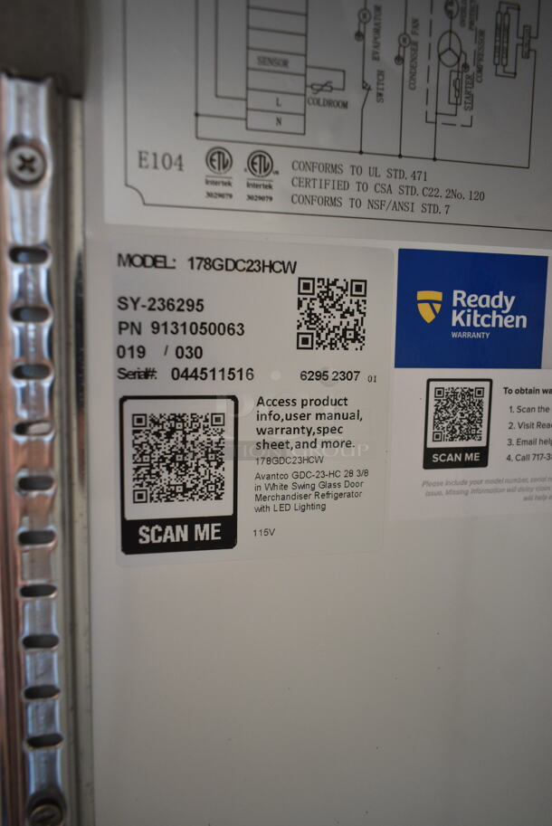 BRAND NEW SCRATCH AND DENT! 2023 Avantco 178GDC23HCW Metal Commercial Single Door Reach In Cooler Merchandiser w/ Poly Coated Racks on Commercial Casters. 115 Volts, 1 Phase. Tested and Working! - Image 6 of 6