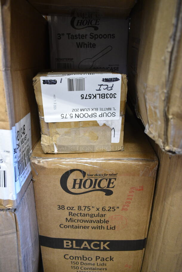 PALLET LOT of 32 BRAND NEW Boxes Including Solo Ultra Clear™ TP20 20 oz. Customizable Clear PET Plastic Cold Cup - 600/Case, 2 Box 5013858HVY Lavex Hercules 55 Gallon 2 Mil 38" x 58" Low Density Heavy-Duty Black Can Liner / Trash Bag - 50/Case, 612P509S Choice 9" Clear Round Plastic Dome Lid - 500/Case, 2 Box 760PCC03W Choice 3 oz. White Poly Paper Cold Cup - 5000/Case, 176BWSSHNR20 Choice 20 oz. SAN Plastic Schooner - 12/Case, 651CPDINCBK KleanTake by ServSense In-Counter 8 - 44 oz. Cup Dispenser with 5 Gasket Sizes - 23 1/8" Long, 500CC12 Choice 12 oz. Clear PET Plastic Cold Cup with Dome Lid with No Hole, 346WKFSNSPM White Medium Weight Wrapped Plastic Cutlery Pack, Creative Converting 50134B 10" Black Velvet Paper Plate - 240/Case, 303BLK575 Acopa Izumi 5 3/4" Matte Black Melamine Asian Soup Spoon - 24/Pack, Scotsman KHOLDER Stainless Steel Scoop Holder, Pre Rolled Cutlery Sets, 394365M Noble Products Powder-Free Disposable Clear Vinyl Gloves for Foodservice - Medium - 1000/Case, 966UPWIDEKFT-500 OneUp by Choice Kraft 2-Ply Wide Interfold 6 1/2" x 8 1/2" Dispenser Napkin - 6000/Case. 32 Times Your Bid! - Image 10 of 12