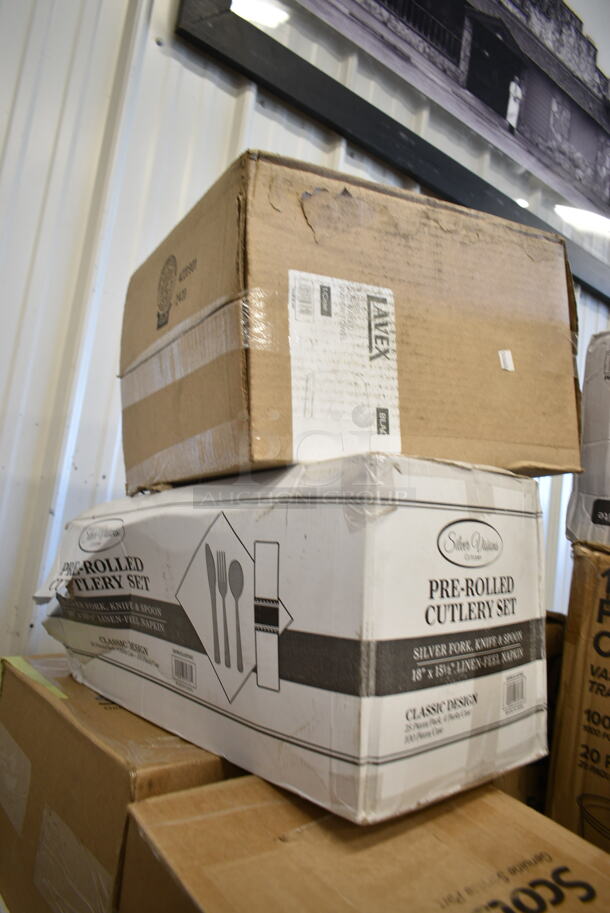 PALLET LOT of 32 BRAND NEW Boxes Including Solo Ultra Clear™ TP20 20 oz. Customizable Clear PET Plastic Cold Cup - 600/Case, 2 Box 5013858HVY Lavex Hercules 55 Gallon 2 Mil 38" x 58" Low Density Heavy-Duty Black Can Liner / Trash Bag - 50/Case, 612P509S Choice 9" Clear Round Plastic Dome Lid - 500/Case, 2 Box 760PCC03W Choice 3 oz. White Poly Paper Cold Cup - 5000/Case, 176BWSSHNR20 Choice 20 oz. SAN Plastic Schooner - 12/Case, 651CPDINCBK KleanTake by ServSense In-Counter 8 - 44 oz. Cup Dispenser with 5 Gasket Sizes - 23 1/8" Long, 500CC12 Choice 12 oz. Clear PET Plastic Cold Cup with Dome Lid with No Hole, 346WKFSNSPM White Medium Weight Wrapped Plastic Cutlery Pack, Creative Converting 50134B 10" Black Velvet Paper Plate - 240/Case, 303BLK575 Acopa Izumi 5 3/4" Matte Black Melamine Asian Soup Spoon - 24/Pack, Scotsman KHOLDER Stainless Steel Scoop Holder, Pre Rolled Cutlery Sets, 394365M Noble Products Powder-Free Disposable Clear Vinyl Gloves for Foodservice - Medium - 1000/Case, 966UPWIDEKFT-500 OneUp by Choice Kraft 2-Ply Wide Interfold 6 1/2" x 8 1/2" Dispenser Napkin - 6000/Case. 32 Times Your Bid! - Image 12 of 12