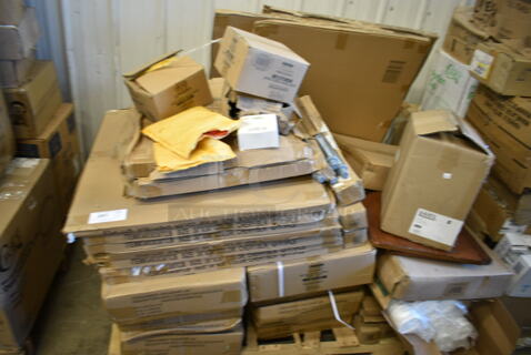 PALLET LOT of 33 BRAND NEW Boxes Including 6 Box 164CUSHMTLBK Lancaster Table & Seating 2 1/2" Black Vinyl Padded Seat for Metal Frame Seating, 7 3493030TCB Lancaster Table & Seating 30" x 30" Laminated Square Table Top Reversible Cherry / Black, 164TB2222 Lancaster Table & Seating 22" x 22" Cross Cast Iron Table Base Plate,  3 Box 164CUSHMTLWN Lancaster Table & Seating Walnut Wood Seat for Metal Frame Seating, 2 Box 164TCOLROD25 Lancaster Table & Seating 25 3/16" Standard Height Table Base Column and Rod, Lavex Lever Activated Towel Dispenser, 3 Box 3493048TCB Lancaster Table &amp; Seating 30" x 48" Laminated Rectangular Table Top Reversible Cherry / Black, 2 Box 164TS1000 Lancaster Table & Seating 10" Cast Iron Table Base Spider, Regency 600DB35 3 1/2" Basket Drain with Strainer - 1 1/2" IPS. 33 Times Your Bid!
