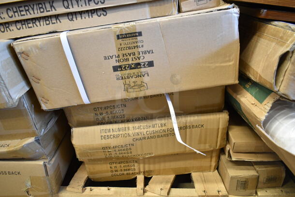 PALLET LOT of 33 BRAND NEW Boxes Including 6 Box 164CUSHMTLBK Lancaster Table & Seating 2 1/2" Black Vinyl Padded Seat for Metal Frame Seating, 7 3493030TCB Lancaster Table & Seating 30" x 30" Laminated Square Table Top Reversible Cherry / Black, 164TB2222 Lancaster Table & Seating 22" x 22" Cross Cast Iron Table Base Plate,  3 Box 164CUSHMTLWN Lancaster Table & Seating Walnut Wood Seat for Metal Frame Seating, 2 Box 164TCOLROD25 Lancaster Table & Seating 25 3/16" Standard Height Table Base Column and Rod, Lavex Lever Activated Towel Dispenser, 3 Box 3493048TCB Lancaster Table &amp; Seating 30" x 48" Laminated Rectangular Table Top Reversible Cherry / Black, 2 Box 164TS1000 Lancaster Table & Seating 10" Cast Iron Table Base Spider, Regency 600DB35 3 1/2" Basket Drain with Strainer - 1 1/2" IPS. 33 Times Your Bid! - Image 3 of 12