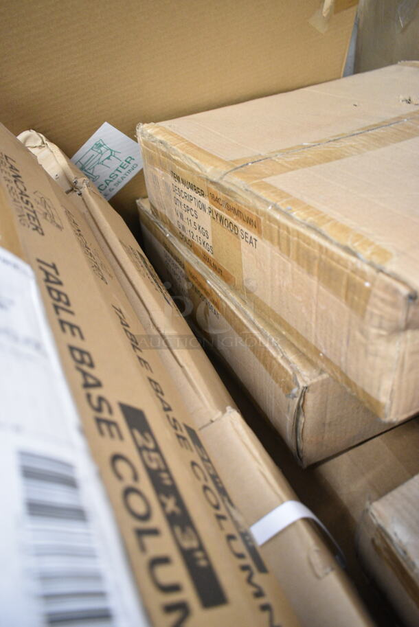 PALLET LOT of 33 BRAND NEW Boxes Including 6 Box 164CUSHMTLBK Lancaster Table & Seating 2 1/2" Black Vinyl Padded Seat for Metal Frame Seating, 7 3493030TCB Lancaster Table & Seating 30" x 30" Laminated Square Table Top Reversible Cherry / Black, 164TB2222 Lancaster Table & Seating 22" x 22" Cross Cast Iron Table Base Plate,  3 Box 164CUSHMTLWN Lancaster Table & Seating Walnut Wood Seat for Metal Frame Seating, 2 Box 164TCOLROD25 Lancaster Table & Seating 25 3/16" Standard Height Table Base Column and Rod, Lavex Lever Activated Towel Dispenser, 3 Box 3493048TCB Lancaster Table &amp; Seating 30" x 48" Laminated Rectangular Table Top Reversible Cherry / Black, 2 Box 164TS1000 Lancaster Table & Seating 10" Cast Iron Table Base Spider, Regency 600DB35 3 1/2" Basket Drain with Strainer - 1 1/2" IPS. 33 Times Your Bid! - Image 7 of 12