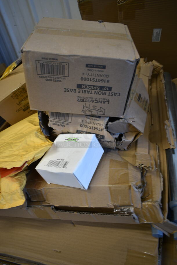 PALLET LOT of 33 BRAND NEW Boxes Including 6 Box 164CUSHMTLBK Lancaster Table & Seating 2 1/2" Black Vinyl Padded Seat for Metal Frame Seating, 7 3493030TCB Lancaster Table & Seating 30" x 30" Laminated Square Table Top Reversible Cherry / Black, 164TB2222 Lancaster Table & Seating 22" x 22" Cross Cast Iron Table Base Plate,  3 Box 164CUSHMTLWN Lancaster Table & Seating Walnut Wood Seat for Metal Frame Seating, 2 Box 164TCOLROD25 Lancaster Table & Seating 25 3/16" Standard Height Table Base Column and Rod, Lavex Lever Activated Towel Dispenser, 3 Box 3493048TCB Lancaster Table &amp; Seating 30" x 48" Laminated Rectangular Table Top Reversible Cherry / Black, 2 Box 164TS1000 Lancaster Table & Seating 10" Cast Iron Table Base Spider, Regency 600DB35 3 1/2" Basket Drain with Strainer - 1 1/2" IPS. 33 Times Your Bid! - Image 11 of 12