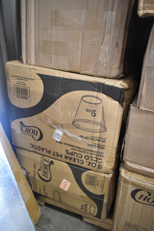 PALLET LOT of 25 BRAND NEW Boxes Including 500CC20 Choice Clear PET Customizable Plastic Cold Cup - 20 oz. - 600/Case, 500CC9 Choice 9 oz. Clear PET Customizable Plastic Squat Cold Cup - 1000/Case, Dart 8J8 8 oz. White Customizable Foam Cup - 1000/Case, Choice 16 ox Clear PET Plastic Cups, 5005DNAPFLTE Choice Touchstone 14" x 14" White Linen-Feel Flat-Packed Dinner Napkin - 1000/Case, 433472 Tellus Products 9" No PFAS Added Natural Bagasse Plate - 125/Pack, 2 Box 5001BNAP Choice Cocktail Napkin, Corrugated White 10" Circles, 43312CUPC Choice 12-Cup Hinged PET Plastic Cupcake / Muffin Container, 2 Box Carnival King 32 oz Popcorn Cups, Corrugated 18" White Circles, 50010WRAPRIP Lavex 10 oz Kraft Wrapped Paper Hot Cup. 25 Times Your Bid! - Image 2 of 12
