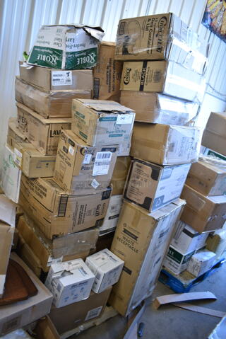 PALLET LOT of 31 BRAND NEW Boxes Including Choice 4 oz Portion Cups, 5001RT800B Lavex 8" White Hardwound Paper Towel, 800 Feet / Roll - 6/Case, 394365L Noble Products Powder-Free Disposable Clear Vinyl Gloves for Foodservice - Large - 1000/Case, 501385HVY Hercules Trash Bags, Choice Paper SOS Bag, 500CC2B Choice 2 oz. Blue Plastic Shot Cup - 1000/Case, 2 Box 1305547515 Inteplast Group PB0547515 5 1/2" x 4 3/4" x 15" Plastic Bread Bag - 1000/Case, Dart 60HT1 White Foam Hinged Lid Container 6" x 6" x 3" - 500/Case, 347TCL16 Choice 16 oz. Clear Disposable Plastic Tumbler - 500/Case, 129MCR24B Choice 24 oz. Black Round Microwavable Heavy Weight Container with Lid 7 1/4" - 150/Case, Lancaster Table &amp; Seating 12 Gallon Black Powder-Coated Metal Half Round Decorative Waste Receptacle, 4 Box 500LSTRWL Choice 9, 12, 16, 20, and 24 oz. Clear Strawless / Sip Lid - 1000/Case, 374W42FB Genpak Harvest 4.5 oz. White Rolled Rim Paper Cone Cup - 5000/Case, 760TP20 Solo Ultra Clear™ TP20 20 oz. Customizable Clear PET Plastic Cold Cup - 600/Case, 5002CPTE Lavex 2-Ply Natural Kraft Center Pull Paper Towel 510' Roll - 6/Case. 31 Times Your Bid!