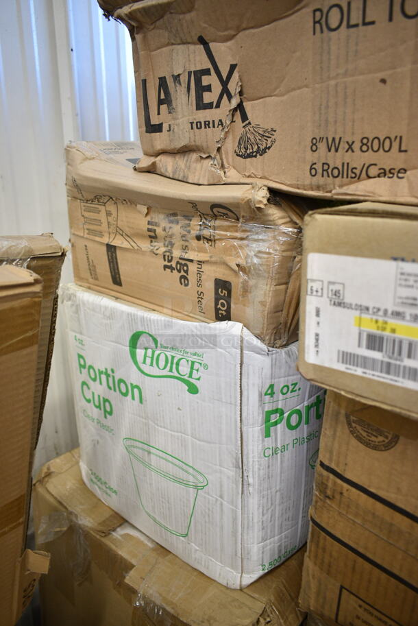 PALLET LOT of 31 BRAND NEW Boxes Including Choice 4 oz Portion Cups, 5001RT800B Lavex 8" White Hardwound Paper Towel, 800 Feet / Roll - 6/Case, 394365L Noble Products Powder-Free Disposable Clear Vinyl Gloves for Foodservice - Large - 1000/Case, 501385HVY Hercules Trash Bags, Choice Paper SOS Bag, 500CC2B Choice 2 oz. Blue Plastic Shot Cup - 1000/Case, 2 Box 1305547515 Inteplast Group PB0547515 5 1/2" x 4 3/4" x 15" Plastic Bread Bag - 1000/Case, Dart 60HT1 White Foam Hinged Lid Container 6" x 6" x 3" - 500/Case, 347TCL16 Choice 16 oz. Clear Disposable Plastic Tumbler - 500/Case, 129MCR24B Choice 24 oz. Black Round Microwavable Heavy Weight Container with Lid 7 1/4" - 150/Case, Lancaster Table &amp; Seating 12 Gallon Black Powder-Coated Metal Half Round Decorative Waste Receptacle, 4 Box 500LSTRWL Choice 9, 12, 16, 20, and 24 oz. Clear Strawless / Sip Lid - 1000/Case, 374W42FB Genpak Harvest 4.5 oz. White Rolled Rim Paper Cone Cup - 5000/Case, 760TP20 Solo Ultra Clear™ TP20 20 oz. Customizable Clear PET Plastic Cold Cup - 600/Case, 5002CPTE Lavex 2-Ply Natural Kraft Center Pull Paper Towel 510' Roll - 6/Case. 31 Times Your Bid! - Image 2 of 12