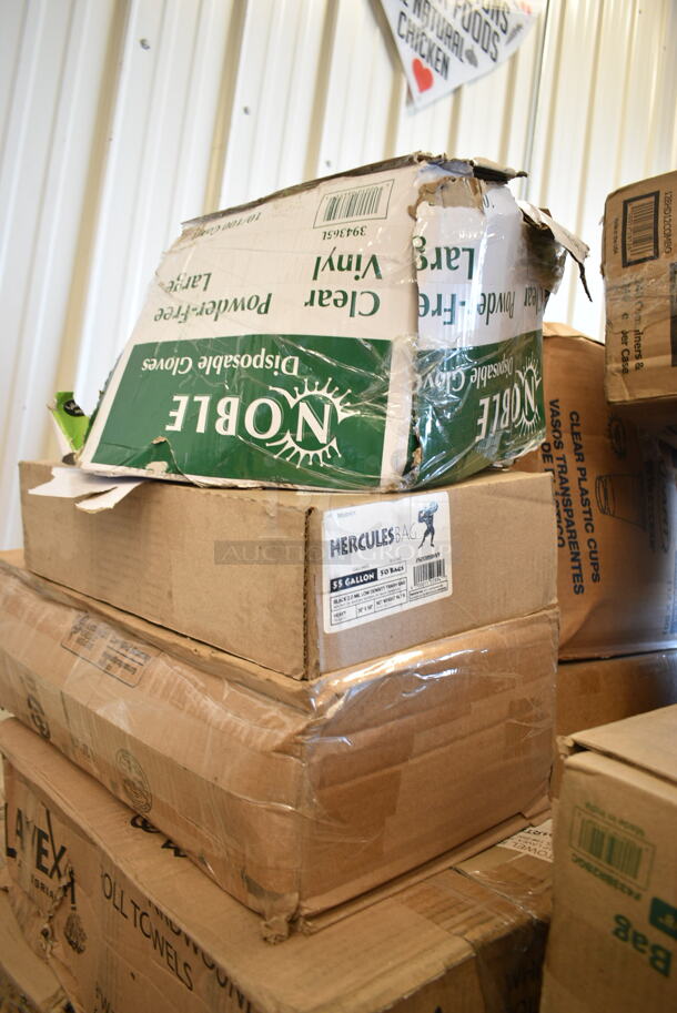 PALLET LOT of 31 BRAND NEW Boxes Including Choice 4 oz Portion Cups, 5001RT800B Lavex 8" White Hardwound Paper Towel, 800 Feet / Roll - 6/Case, 394365L Noble Products Powder-Free Disposable Clear Vinyl Gloves for Foodservice - Large - 1000/Case, 501385HVY Hercules Trash Bags, Choice Paper SOS Bag, 500CC2B Choice 2 oz. Blue Plastic Shot Cup - 1000/Case, 2 Box 1305547515 Inteplast Group PB0547515 5 1/2" x 4 3/4" x 15" Plastic Bread Bag - 1000/Case, Dart 60HT1 White Foam Hinged Lid Container 6" x 6" x 3" - 500/Case, 347TCL16 Choice 16 oz. Clear Disposable Plastic Tumbler - 500/Case, 129MCR24B Choice 24 oz. Black Round Microwavable Heavy Weight Container with Lid 7 1/4" - 150/Case, Lancaster Table &amp; Seating 12 Gallon Black Powder-Coated Metal Half Round Decorative Waste Receptacle, 4 Box 500LSTRWL Choice 9, 12, 16, 20, and 24 oz. Clear Strawless / Sip Lid - 1000/Case, 374W42FB Genpak Harvest 4.5 oz. White Rolled Rim Paper Cone Cup - 5000/Case, 760TP20 Solo Ultra Clear™ TP20 20 oz. Customizable Clear PET Plastic Cold Cup - 600/Case, 5002CPTE Lavex 2-Ply Natural Kraft Center Pull Paper Towel 510' Roll - 6/Case. 31 Times Your Bid! - Image 4 of 12