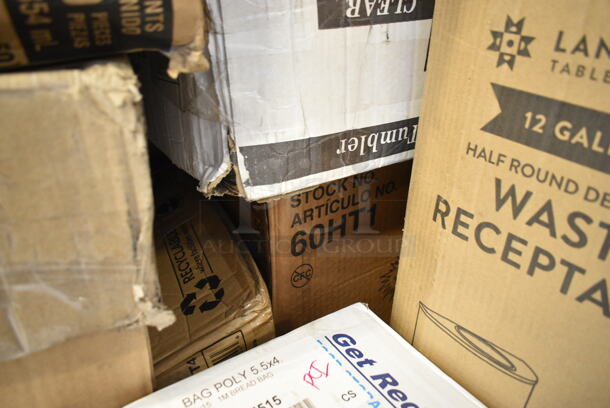 PALLET LOT of 31 BRAND NEW Boxes Including Choice 4 oz Portion Cups, 5001RT800B Lavex 8" White Hardwound Paper Towel, 800 Feet / Roll - 6/Case, 394365L Noble Products Powder-Free Disposable Clear Vinyl Gloves for Foodservice - Large - 1000/Case, 501385HVY Hercules Trash Bags, Choice Paper SOS Bag, 500CC2B Choice 2 oz. Blue Plastic Shot Cup - 1000/Case, 2 Box 1305547515 Inteplast Group PB0547515 5 1/2" x 4 3/4" x 15" Plastic Bread Bag - 1000/Case, Dart 60HT1 White Foam Hinged Lid Container 6" x 6" x 3" - 500/Case, 347TCL16 Choice 16 oz. Clear Disposable Plastic Tumbler - 500/Case, 129MCR24B Choice 24 oz. Black Round Microwavable Heavy Weight Container with Lid 7 1/4" - 150/Case, Lancaster Table &amp; Seating 12 Gallon Black Powder-Coated Metal Half Round Decorative Waste Receptacle, 4 Box 500LSTRWL Choice 9, 12, 16, 20, and 24 oz. Clear Strawless / Sip Lid - 1000/Case, 374W42FB Genpak Harvest 4.5 oz. White Rolled Rim Paper Cone Cup - 5000/Case, 760TP20 Solo Ultra Clear™ TP20 20 oz. Customizable Clear PET Plastic Cold Cup - 600/Case, 5002CPTE Lavex 2-Ply Natural Kraft Center Pull Paper Towel 510' Roll - 6/Case. 31 Times Your Bid! - Image 8 of 12