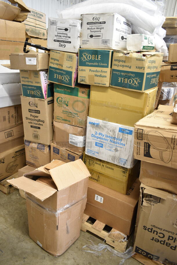 PALLET LOT of 36 BRAND NEW Boxes Including 2 Box 130BSPOONWP Choice Individually Wrapped Medium Weight Black Plastic Teaspoon - 1000/Case, 3 Box 394385M Noble Products White Powder-Free Disposable Latex Gloves for Foodservice - Medium - 1000/Case, 395RPO6 EcoChoice Compostable Sugarcane / Bagasse 6" Plate - 1000/Case, 433PR10513C Choice 10" x 5" x 13" Natural Kraft Paper Customizable Shopping Bag with Handles - 250/Case, 2 Box Solo Ultra Clear™ TP7 7 oz. Clear PET Plastic Cold Cup - 1000/Case, 966UPWIDEB OneUp by Choice White 2-Ply Wide Interfold 6 1/2" x 8 1/2" Dispenser Napkin - 6000/Case, Choice 8 oz Paper Hot Cups, Frozen Yogurt Cups. 36 Times Your Bid! - Image 1 of 9