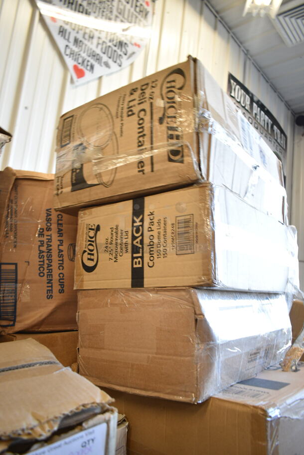 PALLET LOT of 31 BRAND NEW Boxes Including Choice 4 oz Portion Cups, 5001RT800B Lavex 8" White Hardwound Paper Towel, 800 Feet / Roll - 6/Case, 394365L Noble Products Powder-Free Disposable Clear Vinyl Gloves for Foodservice - Large - 1000/Case, 501385HVY Hercules Trash Bags, Choice Paper SOS Bag, 500CC2B Choice 2 oz. Blue Plastic Shot Cup - 1000/Case, 2 Box 1305547515 Inteplast Group PB0547515 5 1/2" x 4 3/4" x 15" Plastic Bread Bag - 1000/Case, Dart 60HT1 White Foam Hinged Lid Container 6" x 6" x 3" - 500/Case, 347TCL16 Choice 16 oz. Clear Disposable Plastic Tumbler - 500/Case, 129MCR24B Choice 24 oz. Black Round Microwavable Heavy Weight Container with Lid 7 1/4" - 150/Case, Lancaster Table &amp; Seating 12 Gallon Black Powder-Coated Metal Half Round Decorative Waste Receptacle, 4 Box 500LSTRWL Choice 9, 12, 16, 20, and 24 oz. Clear Strawless / Sip Lid - 1000/Case, 374W42FB Genpak Harvest 4.5 oz. White Rolled Rim Paper Cone Cup - 5000/Case, 760TP20 Solo Ultra Clear™ TP20 20 oz. Customizable Clear PET Plastic Cold Cup - 600/Case, 5002CPTE Lavex 2-Ply Natural Kraft Center Pull Paper Towel 510' Roll - 6/Case. 31 Times Your Bid! - Image 11 of 12