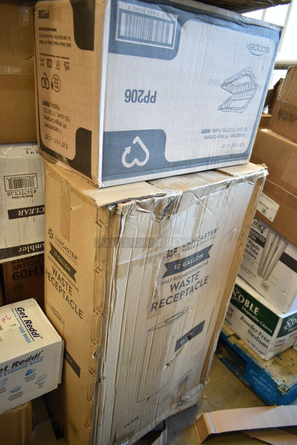 PALLET LOT of 31 BRAND NEW Boxes Including Choice 4 oz Portion Cups, 5001RT800B Lavex 8" White Hardwound Paper Towel, 800 Feet / Roll - 6/Case, 394365L Noble Products Powder-Free Disposable Clear Vinyl Gloves for Foodservice - Large - 1000/Case, 501385HVY Hercules Trash Bags, Choice Paper SOS Bag, 500CC2B Choice 2 oz. Blue Plastic Shot Cup - 1000/Case, 2 Box 1305547515 Inteplast Group PB0547515 5 1/2" x 4 3/4" x 15" Plastic Bread Bag - 1000/Case, Dart 60HT1 White Foam Hinged Lid Container 6" x 6" x 3" - 500/Case, 347TCL16 Choice 16 oz. Clear Disposable Plastic Tumbler - 500/Case, 129MCR24B Choice 24 oz. Black Round Microwavable Heavy Weight Container with Lid 7 1/4" - 150/Case, Lancaster Table &amp; Seating 12 Gallon Black Powder-Coated Metal Half Round Decorative Waste Receptacle, 4 Box 500LSTRWL Choice 9, 12, 16, 20, and 24 oz. Clear Strawless / Sip Lid - 1000/Case, 374W42FB Genpak Harvest 4.5 oz. White Rolled Rim Paper Cone Cup - 5000/Case, 760TP20 Solo Ultra Clear™ TP20 20 oz. Customizable Clear PET Plastic Cold Cup - 600/Case, 5002CPTE Lavex 2-Ply Natural Kraft Center Pull Paper Towel 510' Roll - 6/Case. 31 Times Your Bid! - Image 12 of 12