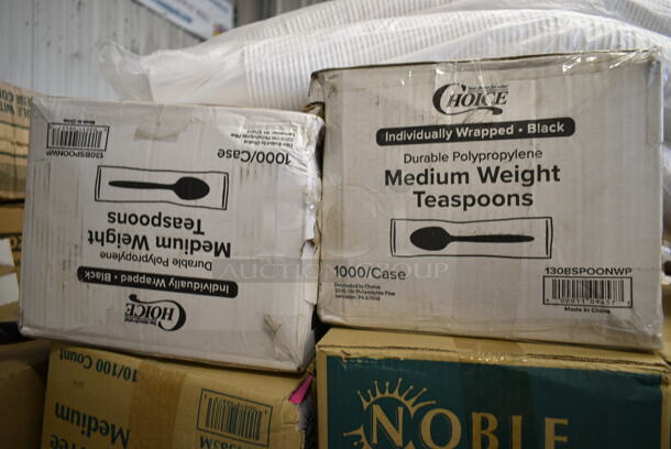 PALLET LOT of 36 BRAND NEW Boxes Including 2 Box 130BSPOONWP Choice Individually Wrapped Medium Weight Black Plastic Teaspoon - 1000/Case, 3 Box 394385M Noble Products White Powder-Free Disposable Latex Gloves for Foodservice - Medium - 1000/Case, 395RPO6 EcoChoice Compostable Sugarcane / Bagasse 6" Plate - 1000/Case, 433PR10513C Choice 10" x 5" x 13" Natural Kraft Paper Customizable Shopping Bag with Handles - 250/Case, 2 Box Solo Ultra Clear™ TP7 7 oz. Clear PET Plastic Cold Cup - 1000/Case, 966UPWIDEB OneUp by Choice White 2-Ply Wide Interfold 6 1/2" x 8 1/2" Dispenser Napkin - 6000/Case, Choice 8 oz Paper Hot Cups, Frozen Yogurt Cups. 36 Times Your Bid! - Image 3 of 9