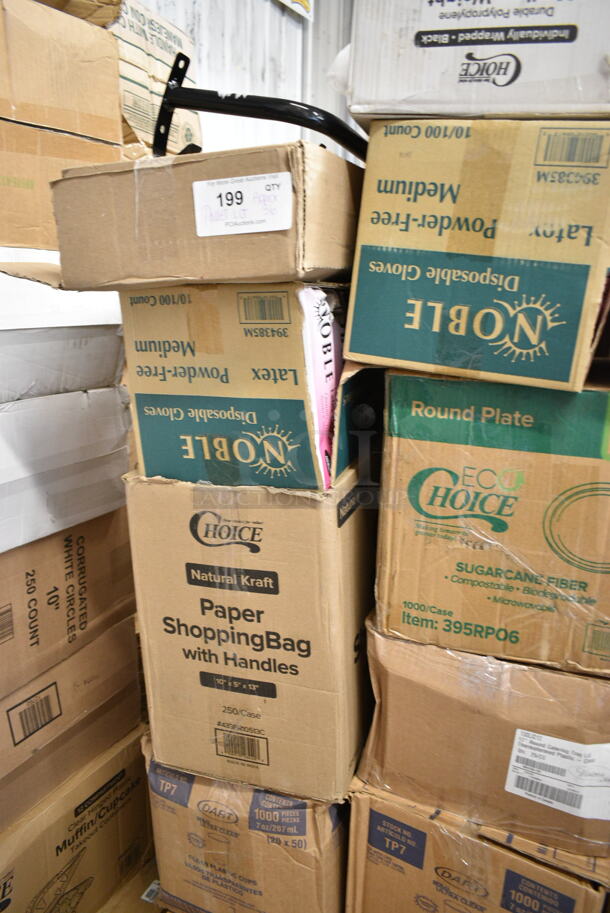 PALLET LOT of 36 BRAND NEW Boxes Including 2 Box 130BSPOONWP Choice Individually Wrapped Medium Weight Black Plastic Teaspoon - 1000/Case, 3 Box 394385M Noble Products White Powder-Free Disposable Latex Gloves for Foodservice - Medium - 1000/Case, 395RPO6 EcoChoice Compostable Sugarcane / Bagasse 6" Plate - 1000/Case, 433PR10513C Choice 10" x 5" x 13" Natural Kraft Paper Customizable Shopping Bag with Handles - 250/Case, 2 Box Solo Ultra Clear™ TP7 7 oz. Clear PET Plastic Cold Cup - 1000/Case, 966UPWIDEB OneUp by Choice White 2-Ply Wide Interfold 6 1/2" x 8 1/2" Dispenser Napkin - 6000/Case, Choice 8 oz Paper Hot Cups, Frozen Yogurt Cups. 36 Times Your Bid! - Image 5 of 9