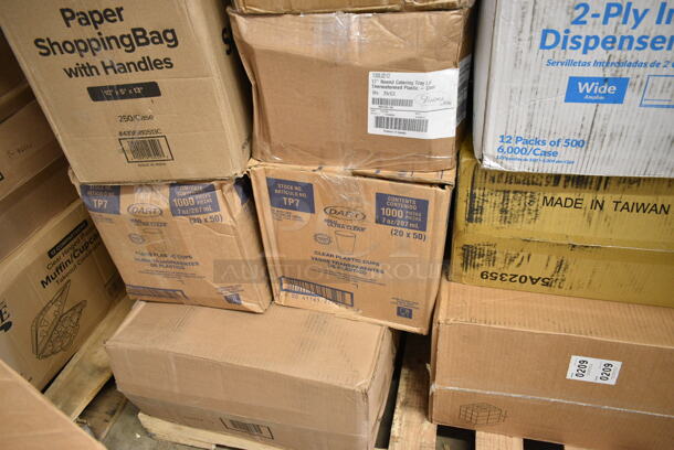 PALLET LOT of 36 BRAND NEW Boxes Including 2 Box 130BSPOONWP Choice Individually Wrapped Medium Weight Black Plastic Teaspoon - 1000/Case, 3 Box 394385M Noble Products White Powder-Free Disposable Latex Gloves for Foodservice - Medium - 1000/Case, 395RPO6 EcoChoice Compostable Sugarcane / Bagasse 6" Plate - 1000/Case, 433PR10513C Choice 10" x 5" x 13" Natural Kraft Paper Customizable Shopping Bag with Handles - 250/Case, 2 Box Solo Ultra Clear™ TP7 7 oz. Clear PET Plastic Cold Cup - 1000/Case, 966UPWIDEB OneUp by Choice White 2-Ply Wide Interfold 6 1/2" x 8 1/2" Dispenser Napkin - 6000/Case, Choice 8 oz Paper Hot Cups, Frozen Yogurt Cups. 36 Times Your Bid! - Image 6 of 9