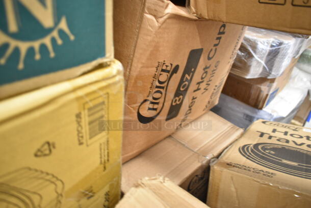 PALLET LOT of 36 BRAND NEW Boxes Including 2 Box 130BSPOONWP Choice Individually Wrapped Medium Weight Black Plastic Teaspoon - 1000/Case, 3 Box 394385M Noble Products White Powder-Free Disposable Latex Gloves for Foodservice - Medium - 1000/Case, 395RPO6 EcoChoice Compostable Sugarcane / Bagasse 6" Plate - 1000/Case, 433PR10513C Choice 10" x 5" x 13" Natural Kraft Paper Customizable Shopping Bag with Handles - 250/Case, 2 Box Solo Ultra Clear™ TP7 7 oz. Clear PET Plastic Cold Cup - 1000/Case, 966UPWIDEB OneUp by Choice White 2-Ply Wide Interfold 6 1/2" x 8 1/2" Dispenser Napkin - 6000/Case, Choice 8 oz Paper Hot Cups, Frozen Yogurt Cups. 36 Times Your Bid! - Image 8 of 9