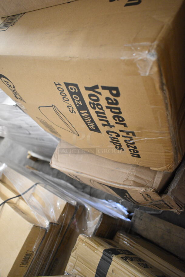 PALLET LOT of 36 BRAND NEW Boxes Including 2 Box 130BSPOONWP Choice Individually Wrapped Medium Weight Black Plastic Teaspoon - 1000/Case, 3 Box 394385M Noble Products White Powder-Free Disposable Latex Gloves for Foodservice - Medium - 1000/Case, 395RPO6 EcoChoice Compostable Sugarcane / Bagasse 6" Plate - 1000/Case, 433PR10513C Choice 10" x 5" x 13" Natural Kraft Paper Customizable Shopping Bag with Handles - 250/Case, 2 Box Solo Ultra Clear™ TP7 7 oz. Clear PET Plastic Cold Cup - 1000/Case, 966UPWIDEB OneUp by Choice White 2-Ply Wide Interfold 6 1/2" x 8 1/2" Dispenser Napkin - 6000/Case, Choice 8 oz Paper Hot Cups, Frozen Yogurt Cups. 36 Times Your Bid! - Image 9 of 9