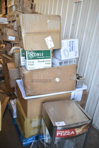PALLET LOT of 28 BRAND NEW Boxes Including 394365L Noble Products Powder-Free Disposable Clear Vinyl Gloves for Foodservice - Large - 1000/Case, Choice Portion Cup Lid, 50010W Choice 10 oz. White Poly Paper Hot Cup - 1000/Case, Choice 24 oz Clear Hinged Lid Container, 190H10LVS12OZ Avantco 178SLD10LN12 10 Lane Gravity Feed Bottle Organizer for 8 oz. and slim 12 oz. Bottles, 129MCR50W Choice 48 oz. White 9" Round Microwavable Heavy Weight Container with Lid - 150/Case, Avantco 177MX20DOOR Front Cover with Feed Chute for MX20 Series Slicer and Shredder Attachments, 2 Box 433NHT101H Choice 1/6 Standard Size White "Thank You" Medium-Duty Plastic T-Shirt Bag - 1000/Case, Lavex C Fold Towels, 2 Box Noble Medium Gloves, Choice 5 5/8" Neon Plastic Test Tube Shot / Shooter with Assorted Colors - 1000/Case, Galaxy 177BSKTCFSM Freezer Basket for CF5 and CF7 Commercial Chest Freezers, 395TO961 EcoChoice 9" x 6" x 3" Compostable Sugarcane / Bagasse 1 Compartment Take-Out Container - 200/Case, 130TASTERSP Choice 3" White Plastic Tasting Spoon - 3000/Case. 28 Times Your Bid!